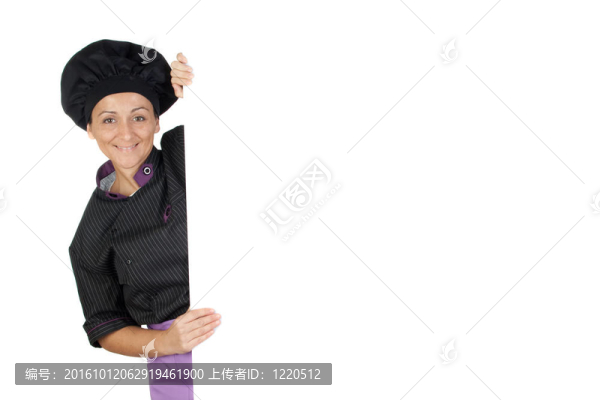 漂亮的廚師女孩與一個(gè)空白的海報(bào)