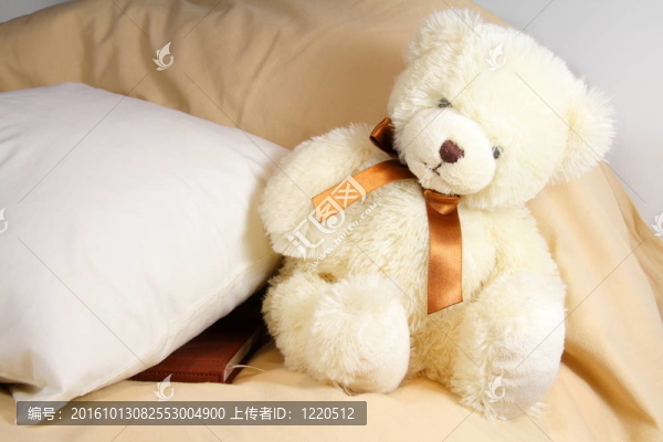 可愛(ài)奶油泰迪熊坐在枕頭附近