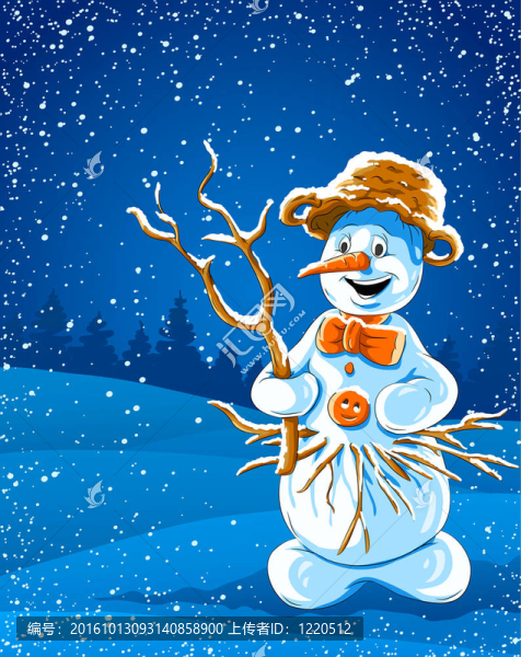 在冬天的夜晚微笑的雪人