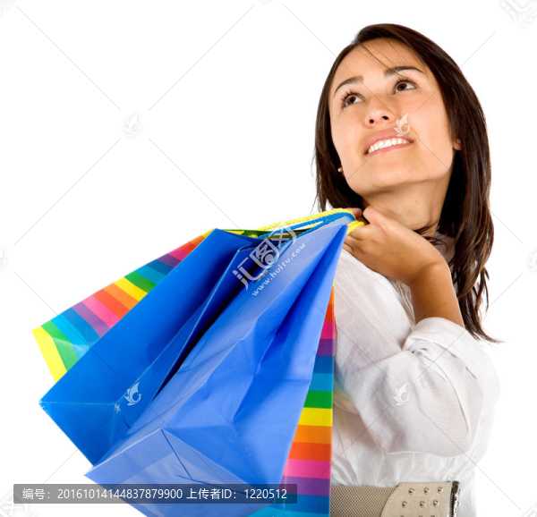 憂郁的女人的購物袋，孤立在白色背景