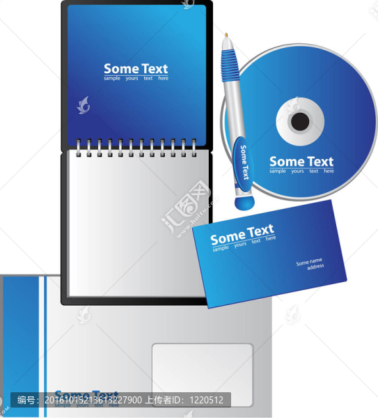 藍色企業(yè)形象元素-筆記本電腦；鋼筆；名片；光盤；信封