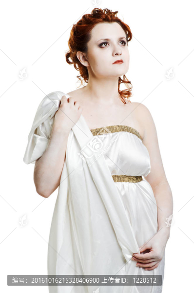 穿著希臘服裝的女孩在白色