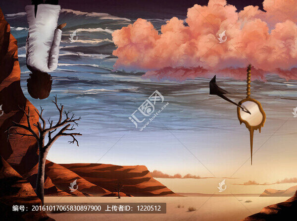 超現實主義作品的沙漠景觀和海洋的天空