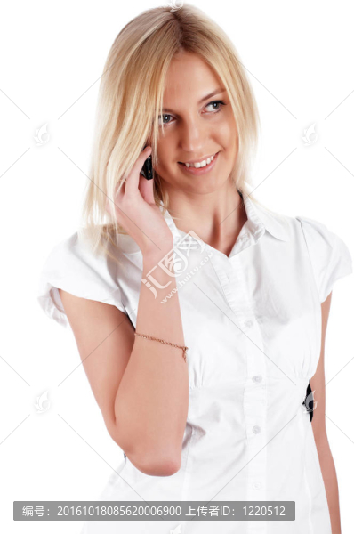 電話在一個(gè)白襯衫迷人的金發(fā)女商人