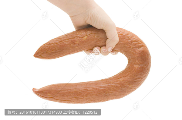 白色背景上的一只手的香腸
