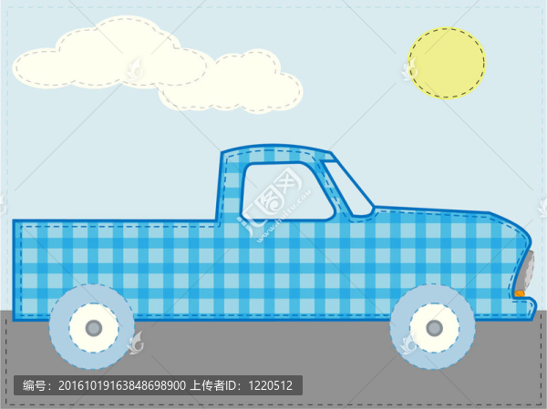 工藝拼湊藍(lán)色卡通卡車路太陽日