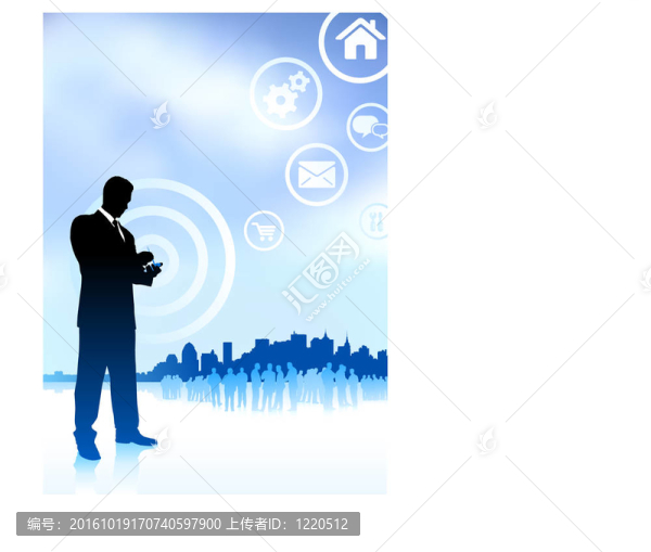 原創(chuàng)插畫圖標(biāo)與互聯(lián)網(wǎng)兼容的手機(jī)商人ai8紐約天際線的背景