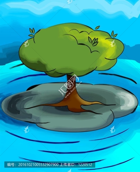 河流中心的一棵樹的插圖。