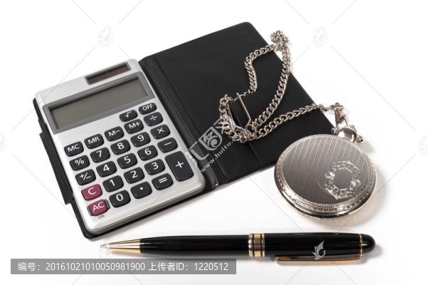 計(jì)算器；鏈上的懷表和手柄書(shū)寫
