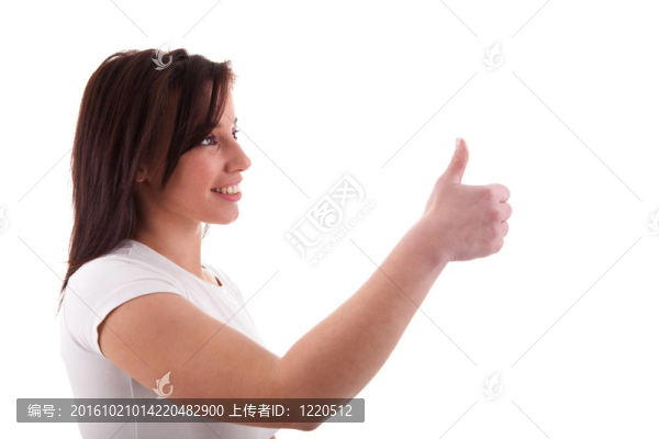 年輕漂亮的女人豎起大拇指