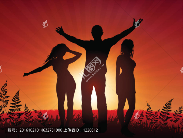 夕陽背景下的年輕人聚會