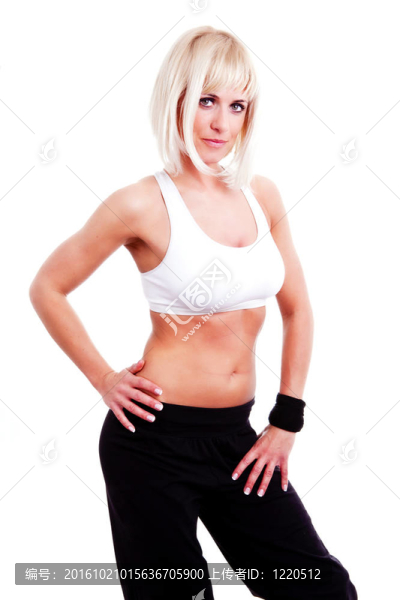 美麗的金發(fā)女子做健身運動超過白色