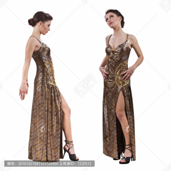 穿著金色晚禮服的漂亮金發(fā)女孩。白色隔離。