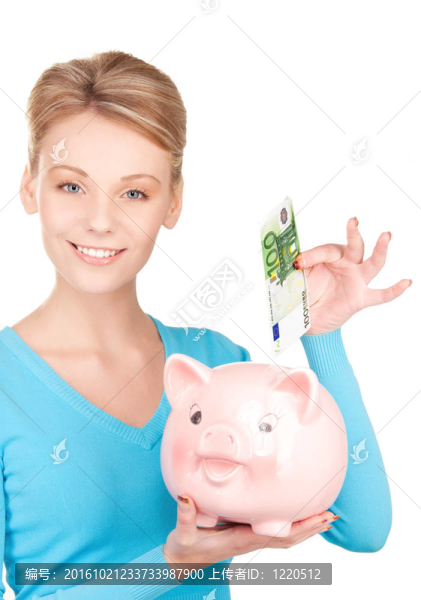 可愛的女人存錢罐和錢