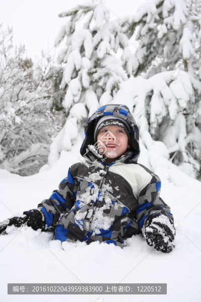 小男孩在雪地里玩耍