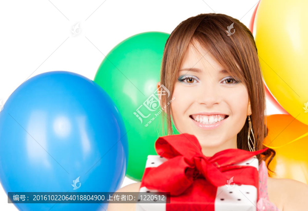 派對(duì)女孩帶氣球和禮品盒