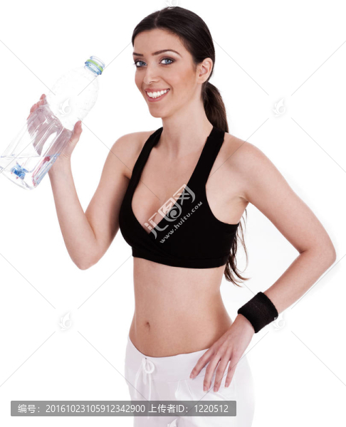 健身女子用水瓶微笑