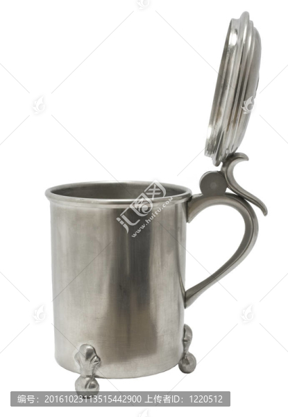 古時的白啤酒壺蓋在白色背景