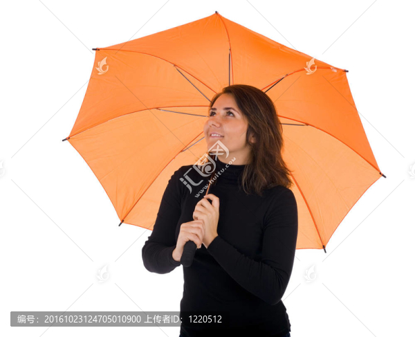 戴橙色雨傘的年輕女子；在白色背景上