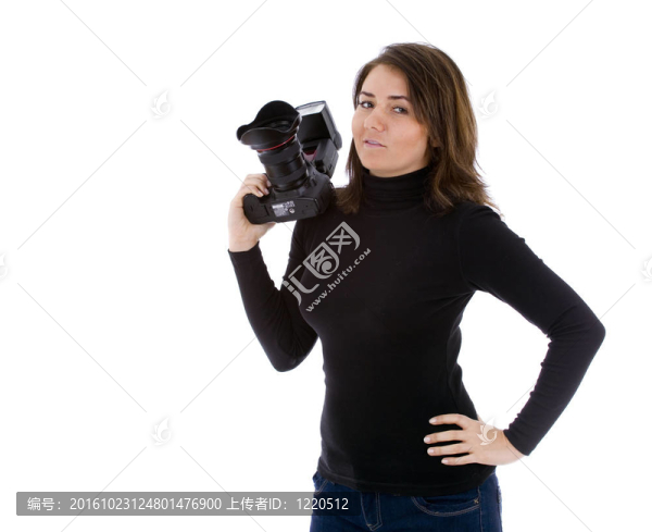 女?dāng)z影師黑色上衣與專業(yè)數(shù)碼相機(jī)