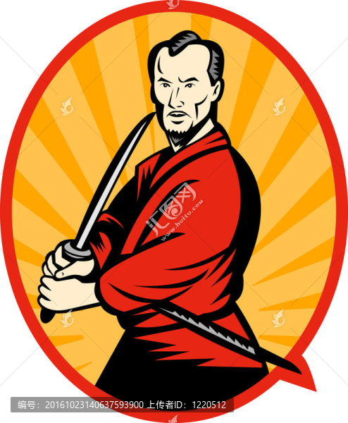 用刀指著一邊在一個橢圓形的Samurai,warrior。