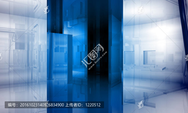 室內(nèi)建筑。具有藍(lán)光效果的辦公空間