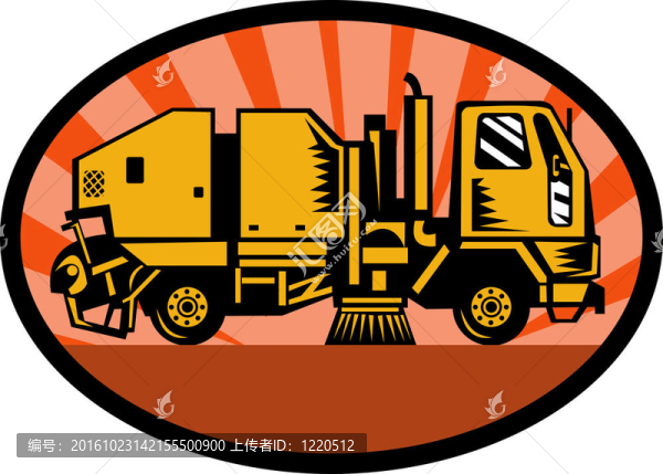 街道清掃車在一個(gè)橢圓形的旭日