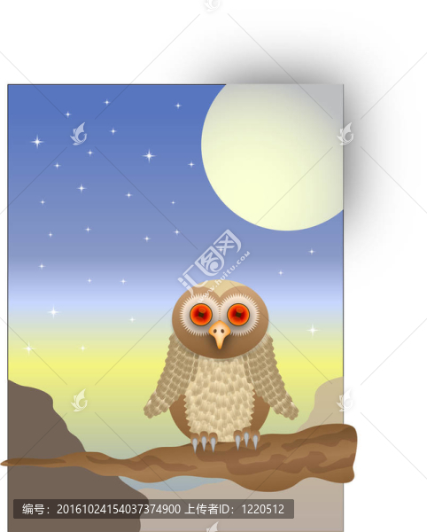 一個貓頭鷹插圖與棕色貓頭鷹與紅色的眼睛坐在樹枝在日落；保存在EPS,10格式