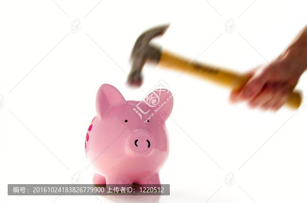 關于錘子猛擊piggiy銀行（手和錘顯示運動；撲滿鋒利）