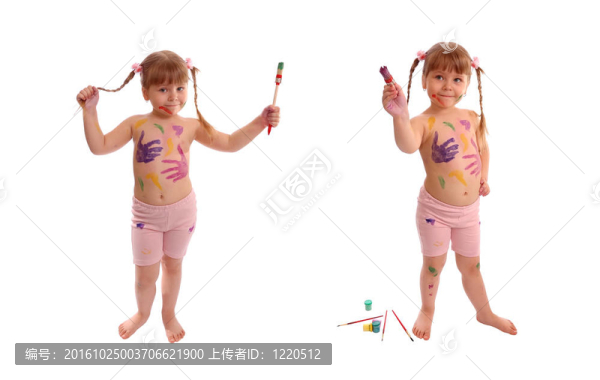 系列的兩張照片的女孩與畫筆和油漆的白色背景