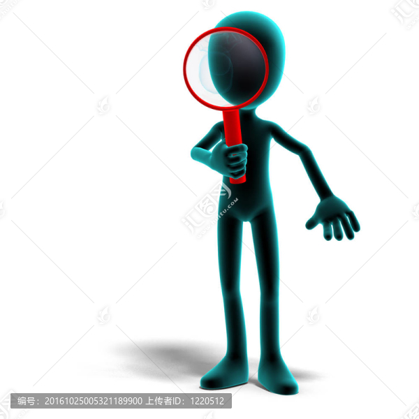 3d男性卡通字符用放大鏡圖標。3D渲染與剪輯路徑和陰影超過白色