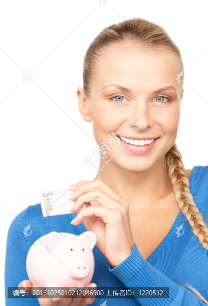 可愛(ài)的女人與儲(chǔ)蓄罐和錢