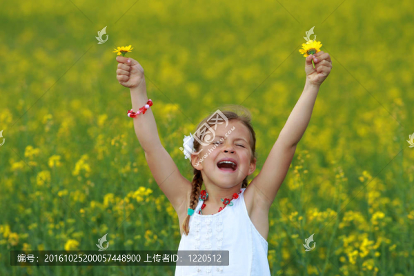漂亮的小女孩高興地尖叫著油菜花