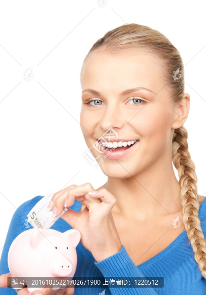 可愛(ài)的女人與儲(chǔ)蓄罐和錢(qián)