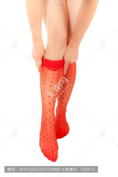 與細長的腿拉上了紅色的連褲襪的女人
