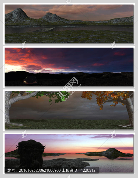 四種不同的夢幻風景的旗幟；背景或插圖。3D渲染
