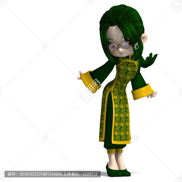 有趣的卡通女孩在綠色中國服飾。3D渲染與剪輯路徑和陰影超過白色
