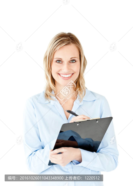 熾熱的年輕女商人做筆記對她的記錄