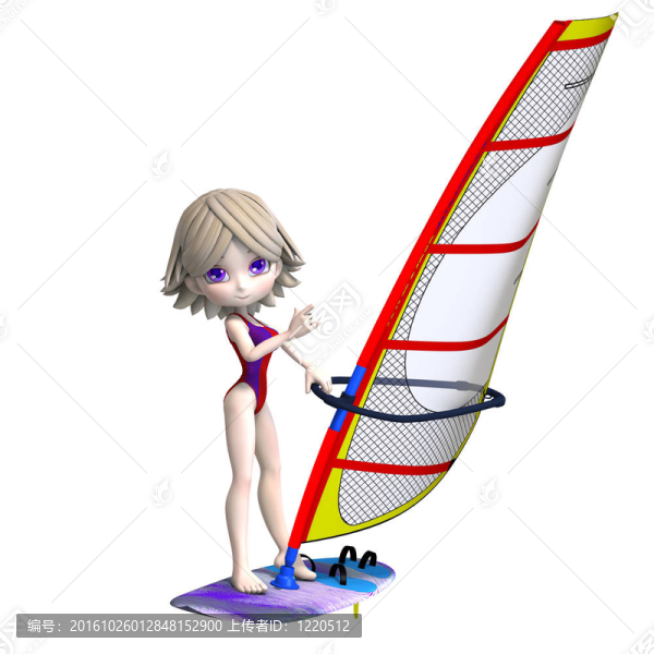 可愛的卡通女孩站在沖浪板上。3D渲染與剪輯路徑和陰影超過白色