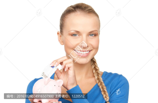 可愛的女人與儲蓄罐和錢