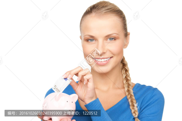 可愛(ài)的女人與儲(chǔ)蓄罐和錢