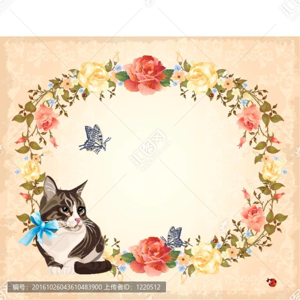 貓賀卡；玫瑰花蝴蝶