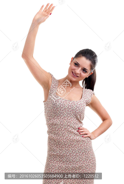 年輕的女人帶著黑暗；長(zhǎng)發(fā)揮手致意