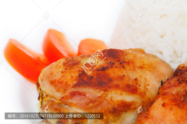 烤雞大腿；米飯和西紅柿