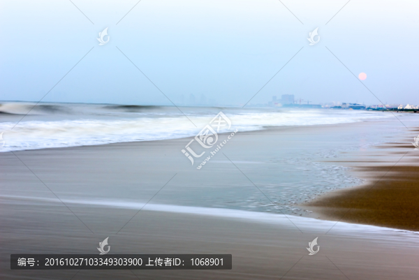 月亮,大海,海灘,晨霧