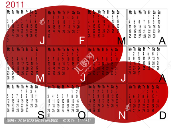 2011紅色和黑色12個(gè)月日歷