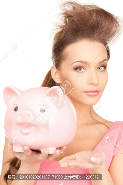 可愛的女人與小豬銀行