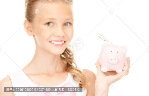 可愛的少女與存錢罐和錢