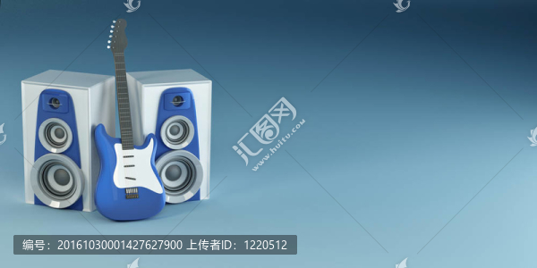 藍(lán)色背景上的吉他和揚(yáng)聲器