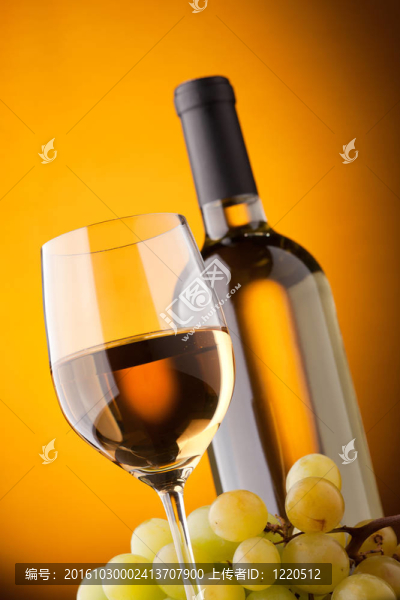底部一杯白葡萄酒瓶和葡萄